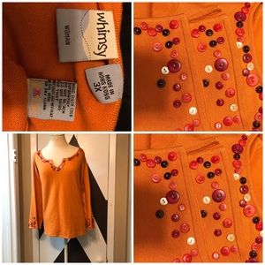 NWOT whimsy woman orange embellished buttons top.